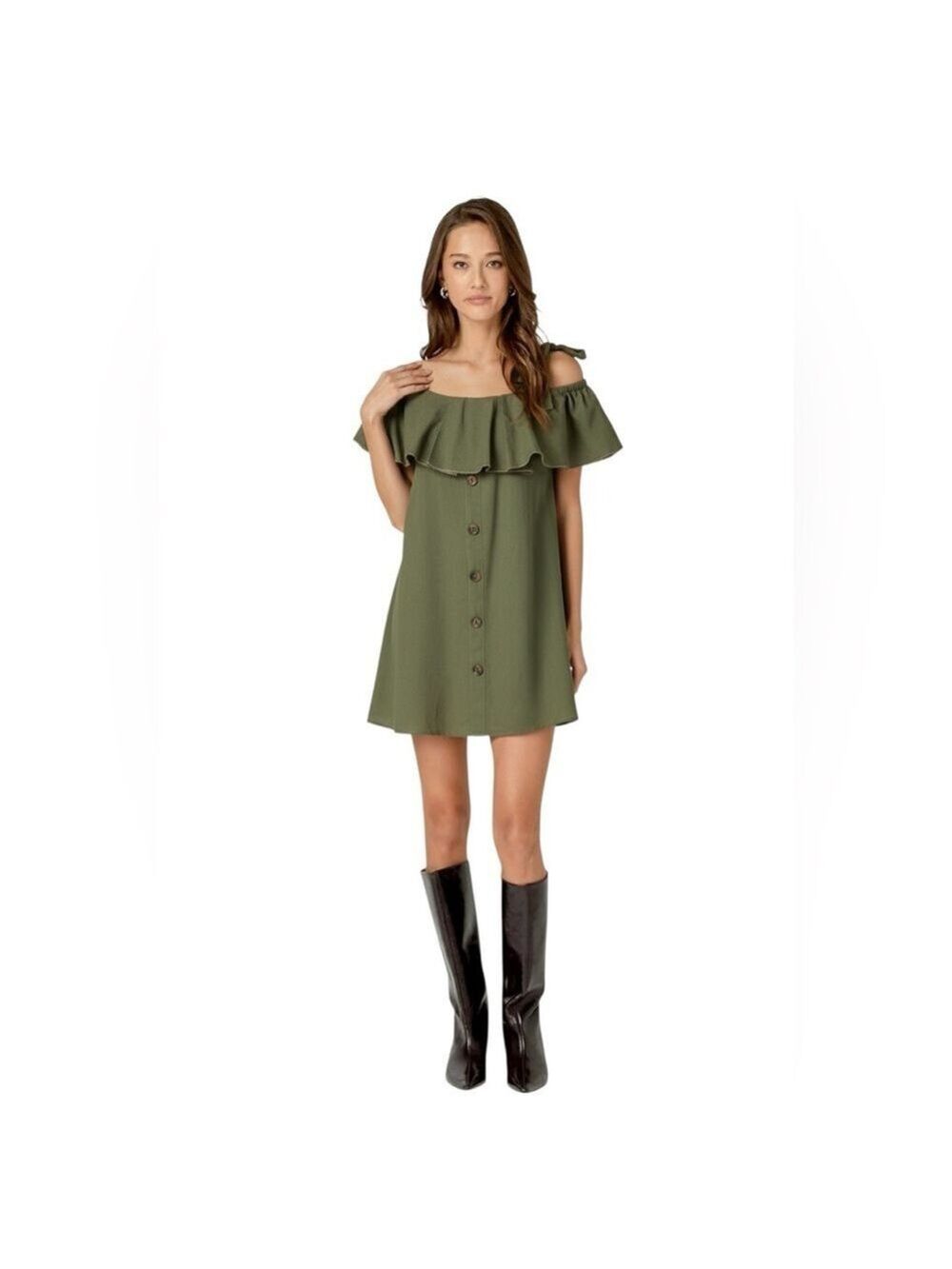 English Factory Sage Green Ruffle One Shoulder Tie Mini Dress Women’s Small
